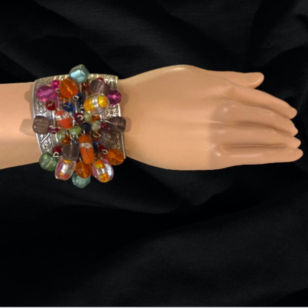VINTAGE BRACELET -- Wide Silver Cuff Bracelet with Beads & Crystals, Aztec Vibe